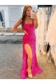 Fucsia Tubino Sottili Sweep treno Paillettes Velluto Lunga Abiti da ballo AllIngrosso