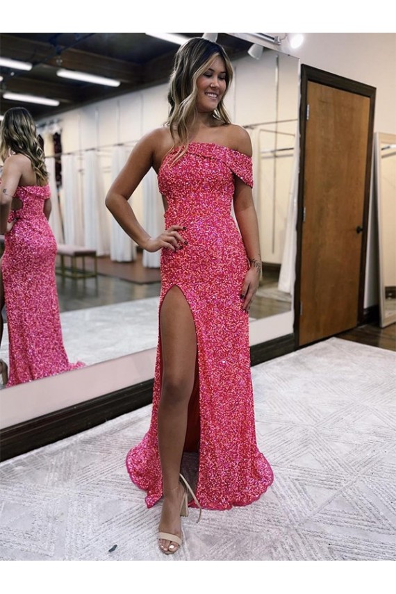 Fucsia Tubino Una spalla Sweep treno Paillettes Velluto Lunga Abiti da ballo AllIngrosso