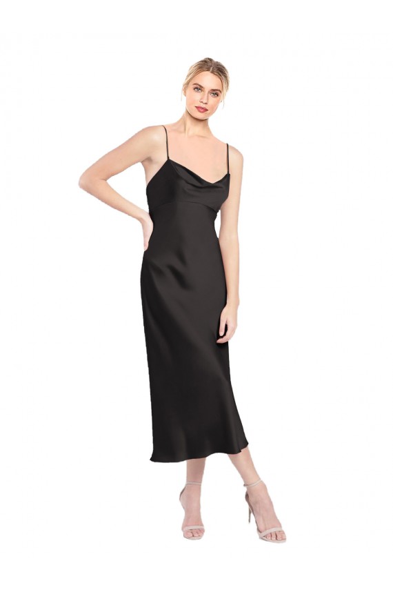 Nero Linea A Sottili Cappuccio Midi Raso Elastico Corto Abiti da damigella donore / Abiti da sera / Abiti da cocktail AllIngrosso