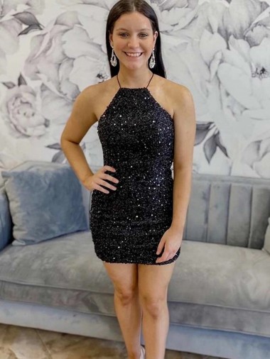 Nero Tubino Capestro Corto Paillettes Velluto Corto Abiti da ballo AllIngrosso