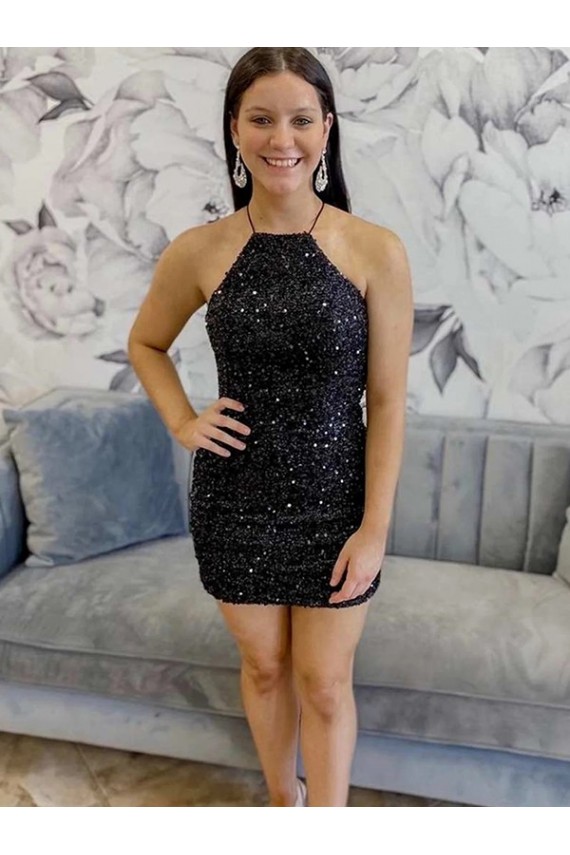 Nero Tubino Capestro Corto Paillettes Velluto Corto Abiti da ballo AllIngrosso