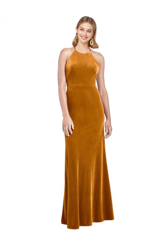 Oro Linea A Capestro Alto Collo Velluto Elastico Lunga Formali Abiti da damigella donore / Abiti da sera / Abiti da ballo AllIngrosso
