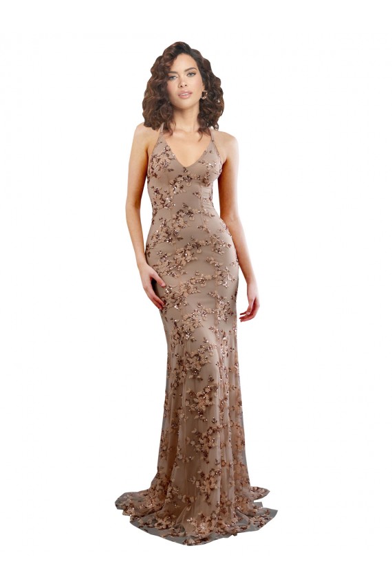 Oro rosa Stile sirena Alto Collo Crespo Elastico Paillettes Tulle Lunga Formali Abiti da damigella donore / Abiti da sera / Abiti da ballo AllIngrosso
