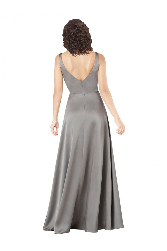 Pearl Grey Linea A Scollatura a V Raso Setoso Lunga Formali Abiti da damigella donore / Abiti da sera / Abiti da ballo AllIngrosso