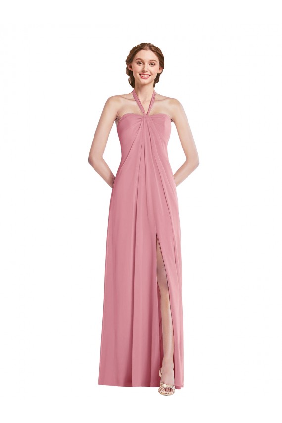 Pelle rosa Linea A Capestro Chiffona Lunga Abiti da damigella donore AllIngrosso
