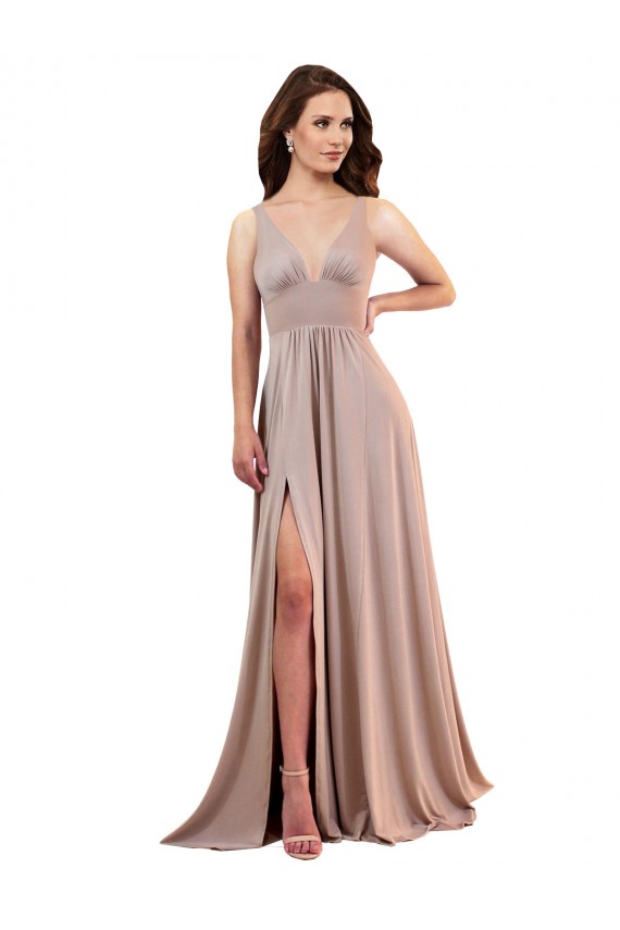 Rosa polveroso Linea A Scollatura a V Spandex Lunga Formali Abiti da damigella donore / Abiti da sera / Abiti da ballo AllIngrosso