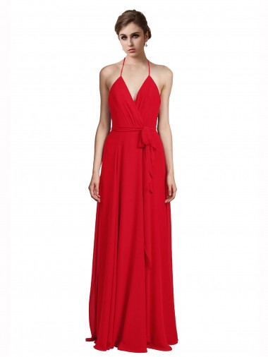 Rosso Linea A Sottili Capestro Scollatura a V Chiffona Lunga Abiti da damigella donore AllIngrosso