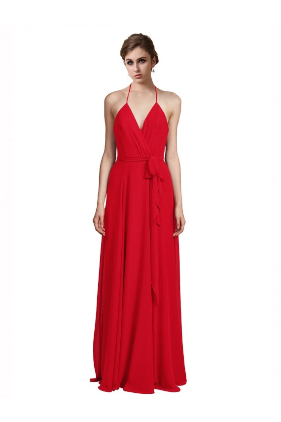 Rosso Linea A Sottili Capestro Scollatura a V Chiffona Lunga Abiti da damigella donore AllIngrosso
