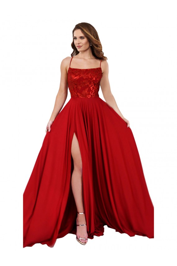Rosso Linea A Sottili Piazza Spandex Pizzo Lunga Abiti da damigella donore / Abiti da ballo AllIngrosso