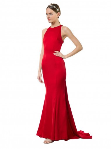 Rosso Stile sirena Capestro Alto Collo Crespo Elastico Lunga Formali Abiti da damigella donore / Abiti da sera / Abiti da ballo AllIngrosso