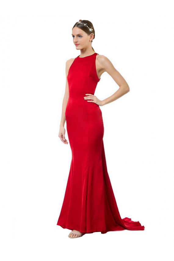 Rosso Stile sirena Capestro Alto Collo Crespo Elastico Lunga Formali Abiti da damigella donore / Abiti da sera / Abiti da ballo AllIngrosso