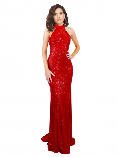 Rosso Stile sirena Capestro Alto Collo Paillettes Lunga Formali Abiti da damigella donore / Abiti da sera / Abiti da ballo AllIngrosso