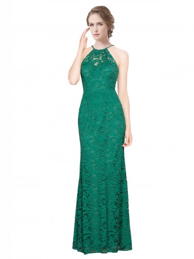 Verde Scuro Stile sirena Capestro Alto Collo Pizzo Lunga Abiti da damigella donore / Abiti da ballo AllIngrosso