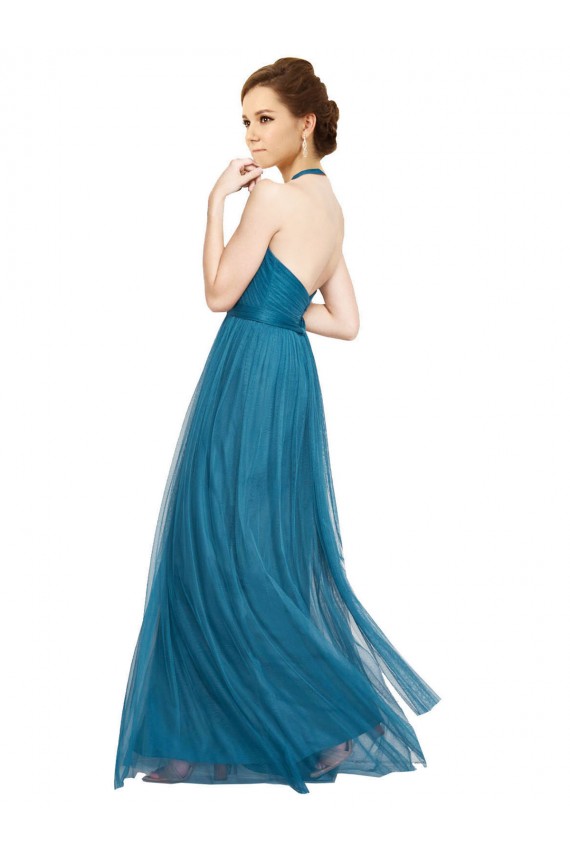 Verde acqua Linea A Capestro Alto Collo Tulle Lunga Abiti da damigella donore AllIngrosso
