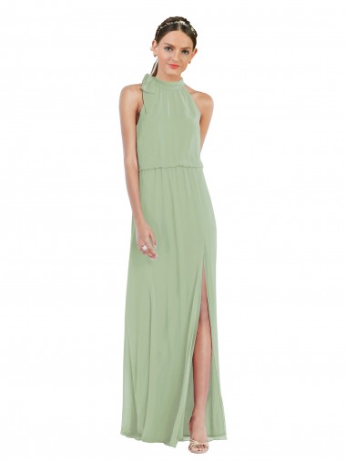 Verde fumo Linea A Alto Collo Chiffona Lunga Abiti da damigella donore AllIngrosso