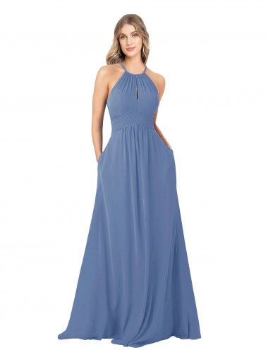 Windsor Blu Linea A Alto Collo Chiffona Lunga Abiti da damigella donore AllIngrosso